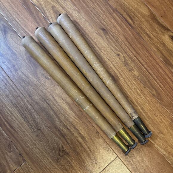 Set of 4 Solid Wood Round Tapered Table Legs Brass Bottom adjustable Feet - Picture 1 of 13